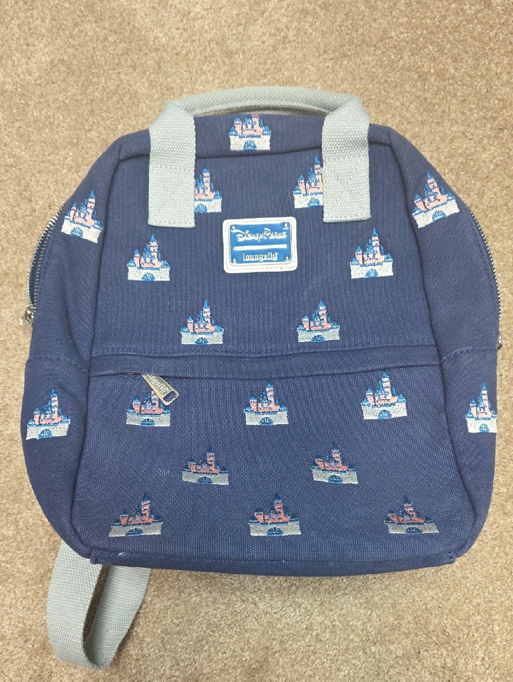 Loungefly Navy Castle Print Kids Backpack with Light Gray Handles
